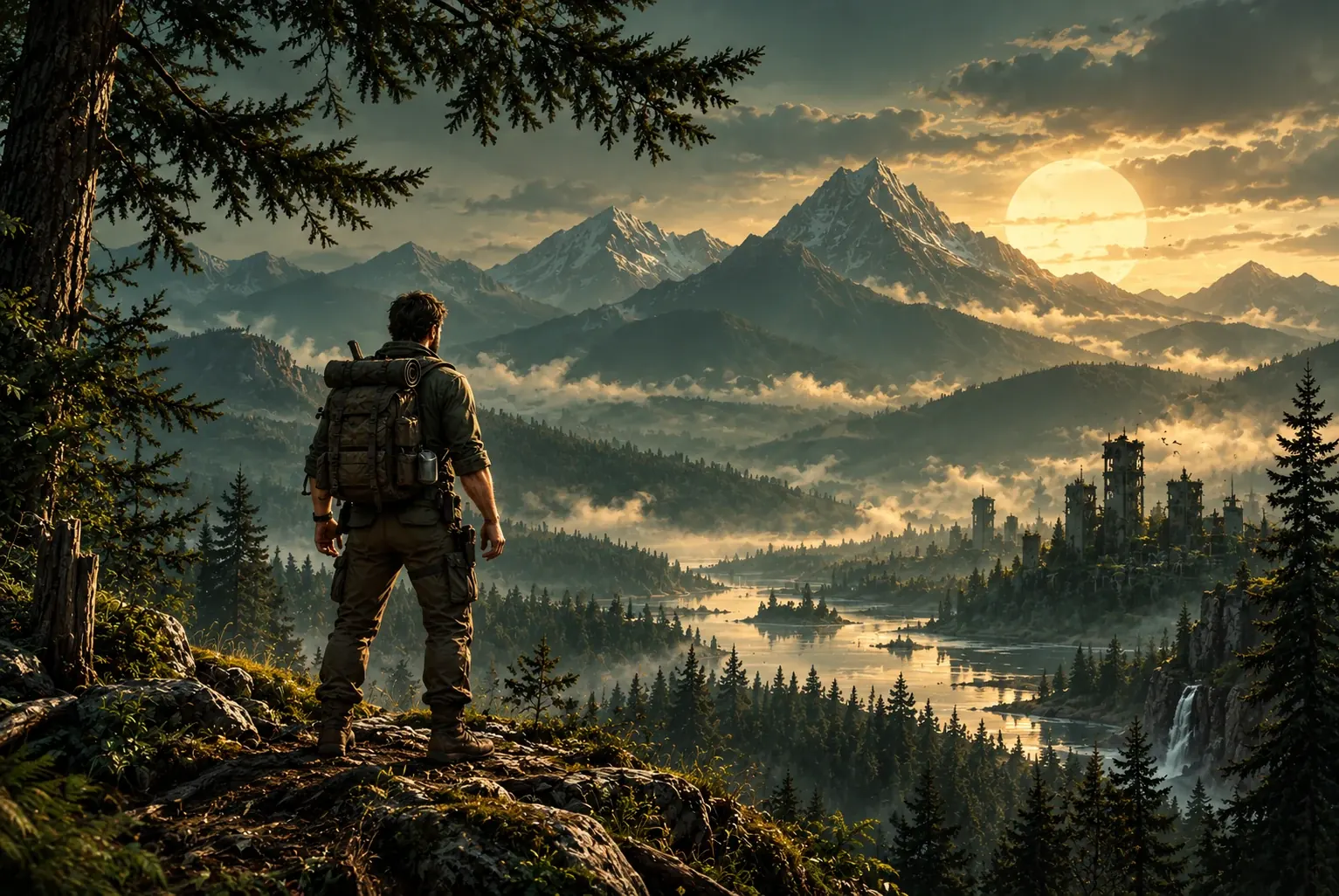 Concept artwork: a survivor overlooking a forested valley and the ruins of a city.